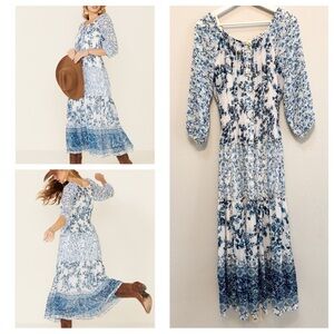 Anthropologie Fig & Flower blue and white floral tiered smocked boho maxi dress